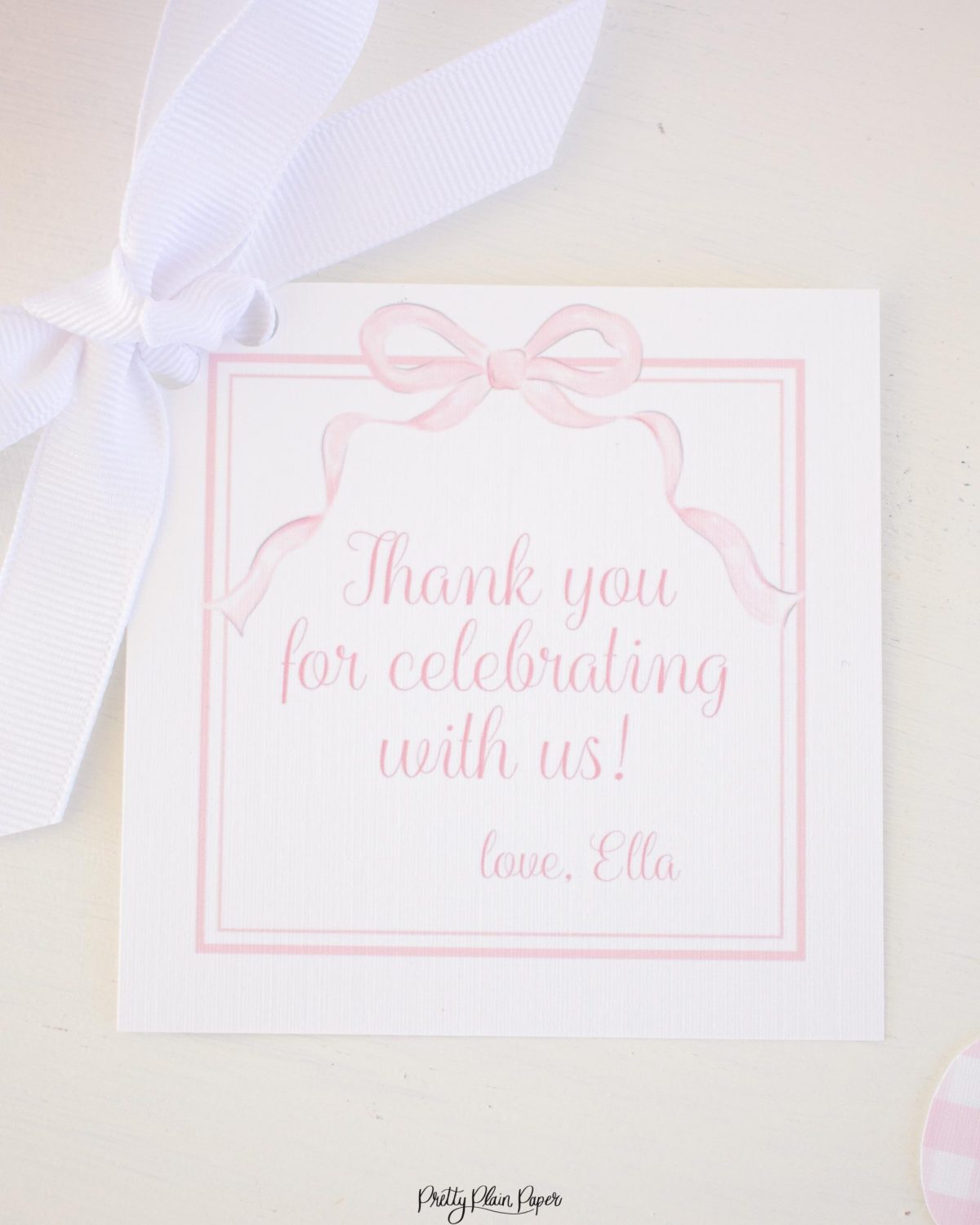 Watercolor Little Girl and Unicorn Favor Tag by Pretty Plain Paper for a Rainbow, Unicorns and Bows Birthday Party with Pink Gingham