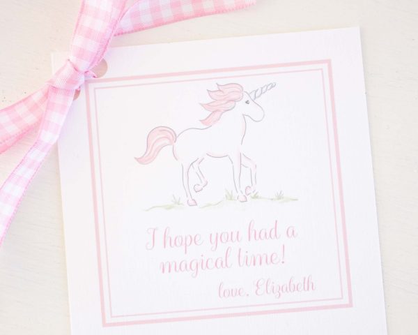 Watercolor Little Girl and Unicorn Favor Tag by Pretty Plain Paper for a Rainbow, Unicorns and Bows Birthday Party with Pink Gingham
