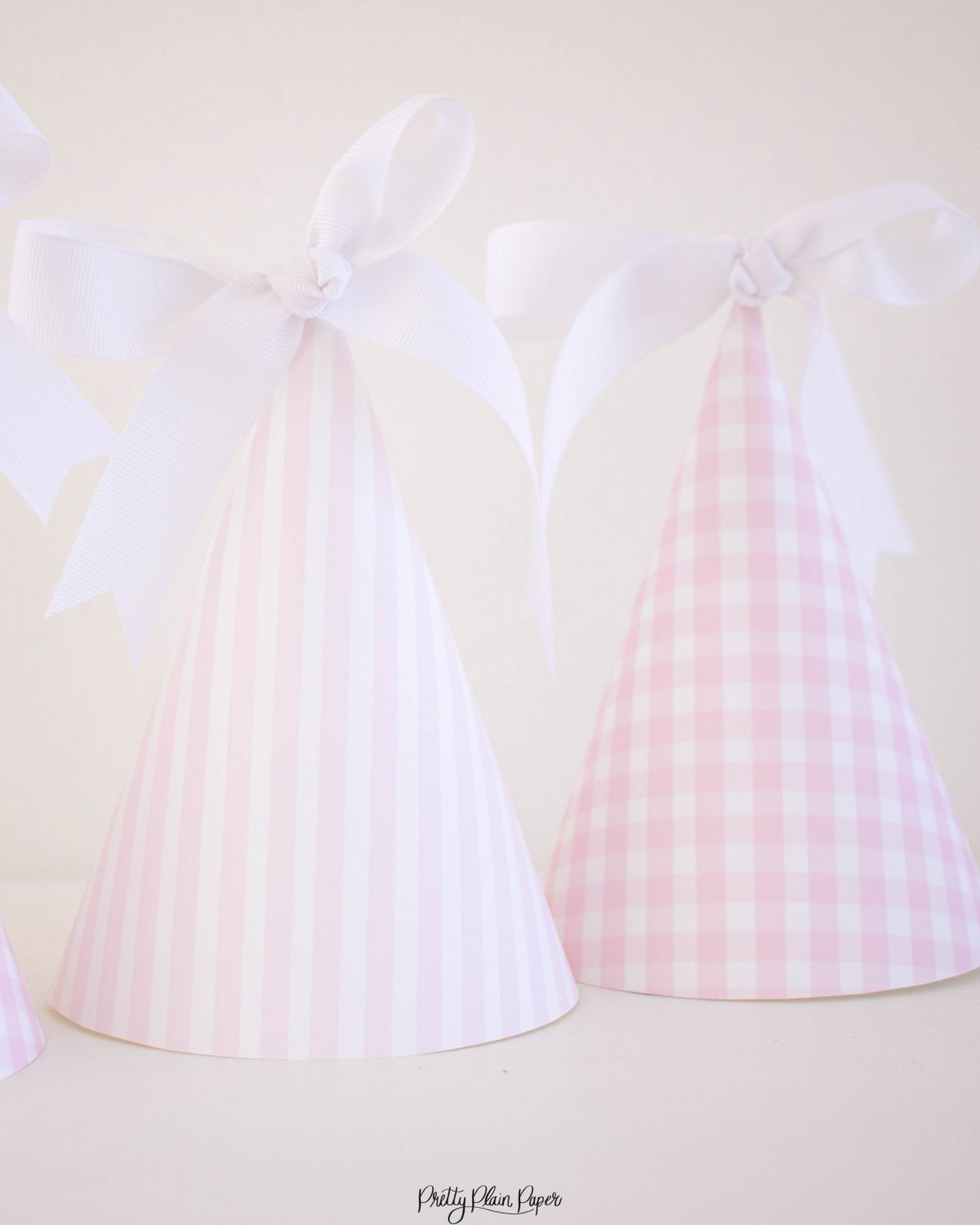 Pink Gingham Party Hats Template and Pink Stripe Party Hats Template by Pretty Plain Paper People