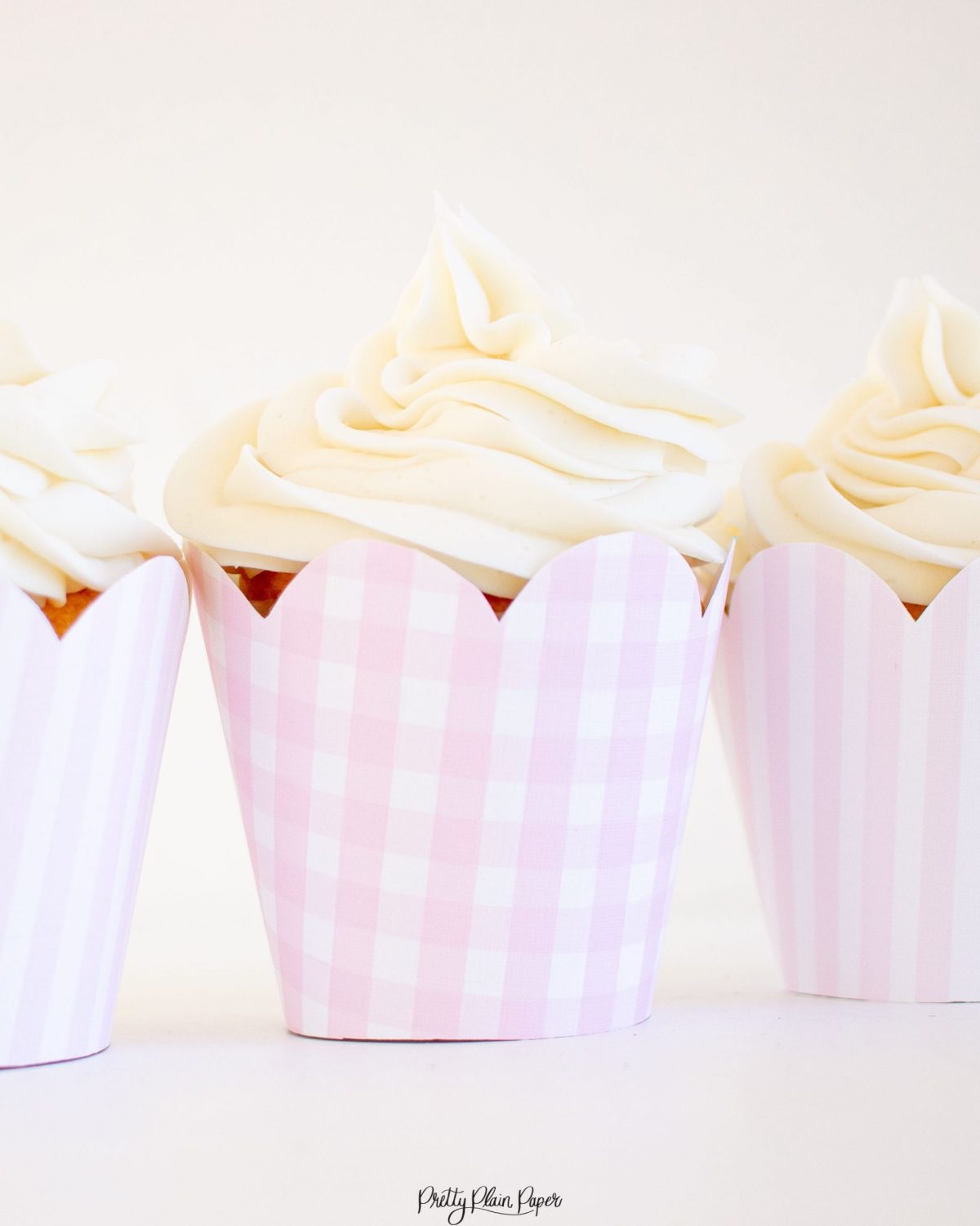 Pink Gingham Cupcake Wrappers and Pink Stripe Cupcake Wrappers with Scallop Edge by Pretty Plain Paper