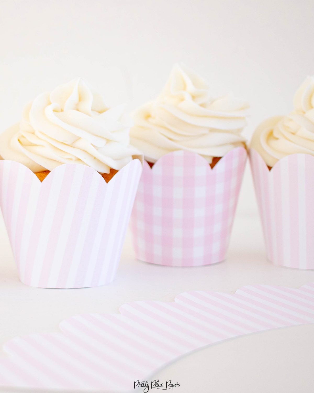 Pink Gingham Cupcake Wrappers and Pink Stripe Cupcake Wrappers with Scallop Edge by Pretty Plain Paper