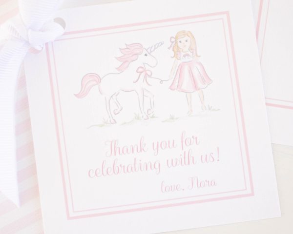 Watercolor Little Girl and Unicorn Favor Tag by Pretty Plain Paper for a Rainbow, Unicorns and Bows Birthday Party with Pink Gingham