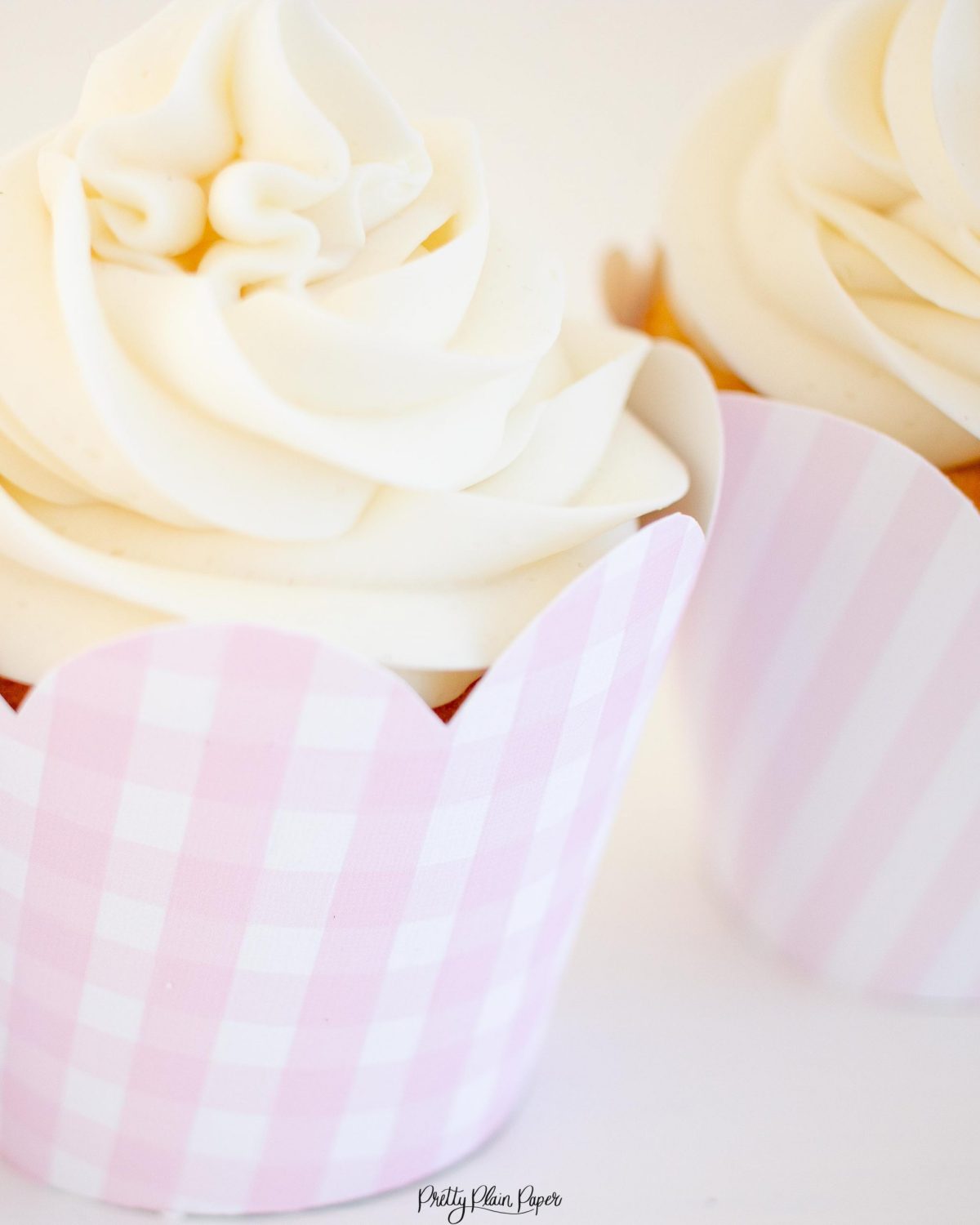 Pink Gingham Cupcake Wrappers and Pink Stripe Cupcake Wrappers with Scallop Edge by Pretty Plain Paper