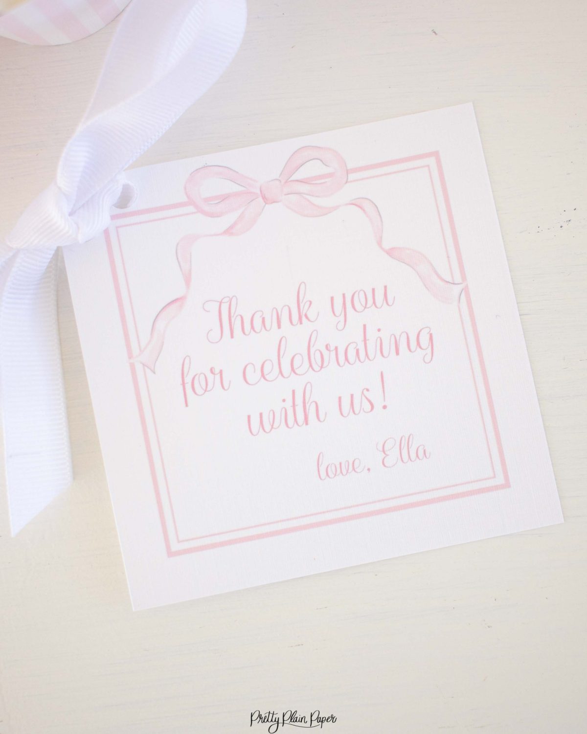 Watercolor Little Girl and Unicorn Favor Tag by Pretty Plain Paper for a Rainbow, Unicorns and Bows Birthday Party with Pink Gingham