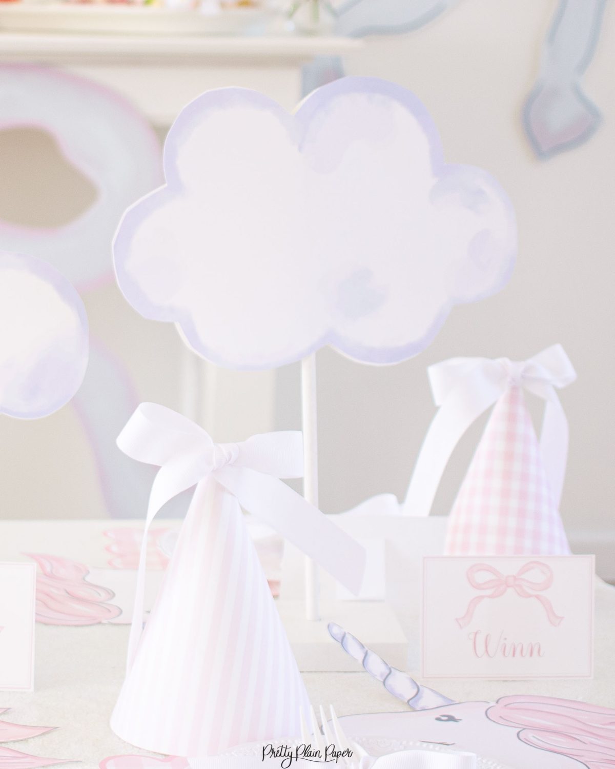 Watercolor Clouds Centerpieces by Pretty Plain Paper for a Rainbow and Unicorn Birthday Party