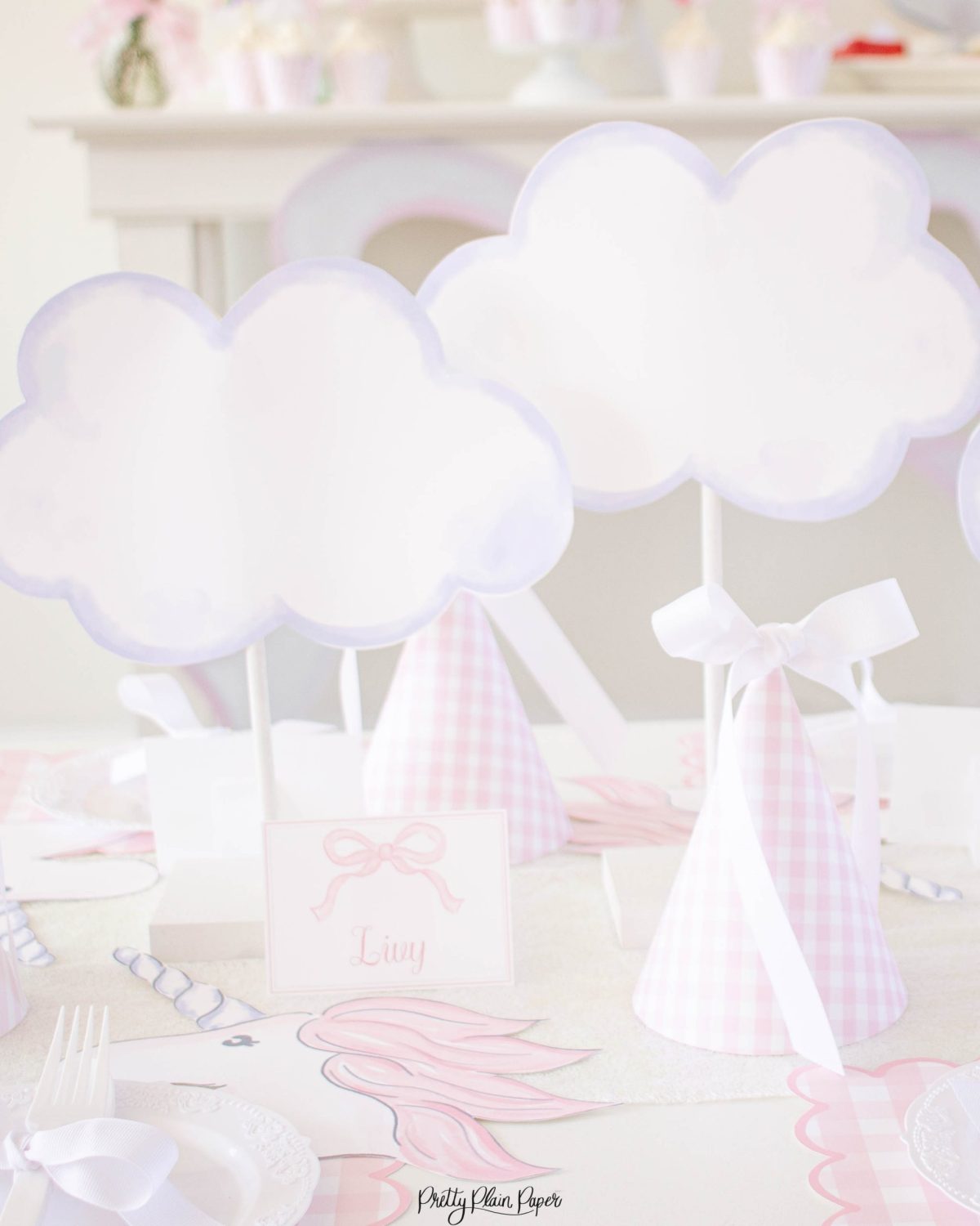 Watercolor Clouds Centerpieces by Pretty Plain Paper for a Rainbow and Unicorn Birthday Party