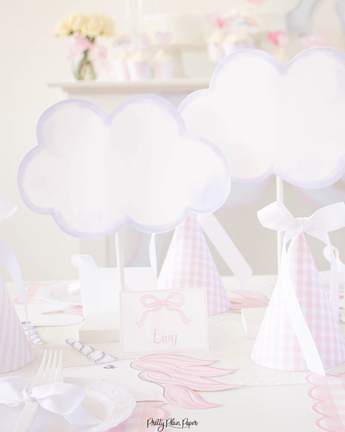 Watercolor Clouds Centerpieces by Pretty Plain Paper for a Rainbow and Unicorn Birthday Party