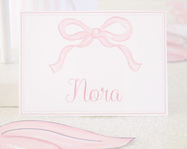 Watercolor Pink Bow Place Cards by Pretty Plain Paper for a Pink Bow Birthday or Pink Bow Baby Shower