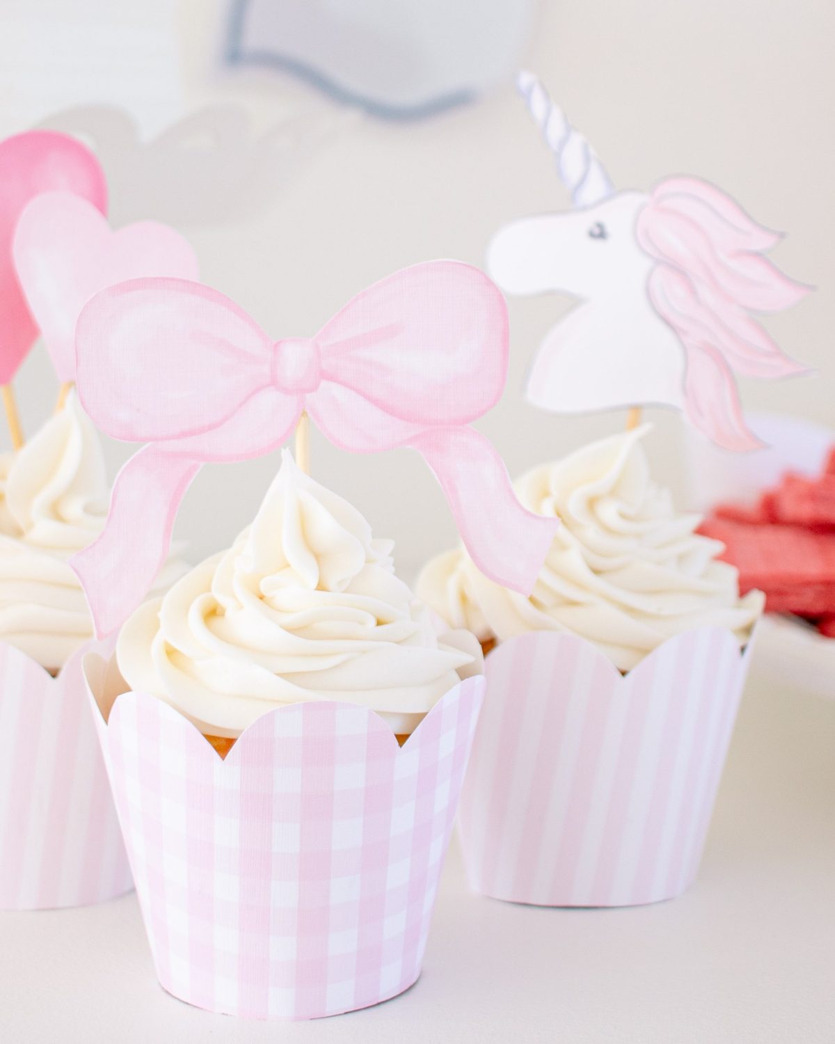 Pink Gingham Cupcake Wrappers and Pink Stripe Cupcake Wrappers with Scallop Edge by Pretty Plain Paper