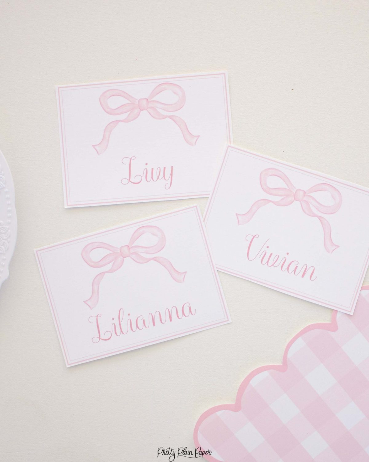 Watercolor Pink Bow Place Cards by Pretty Plain Paper for a Pink Bow Birthday or Pink Bow Baby Shower
