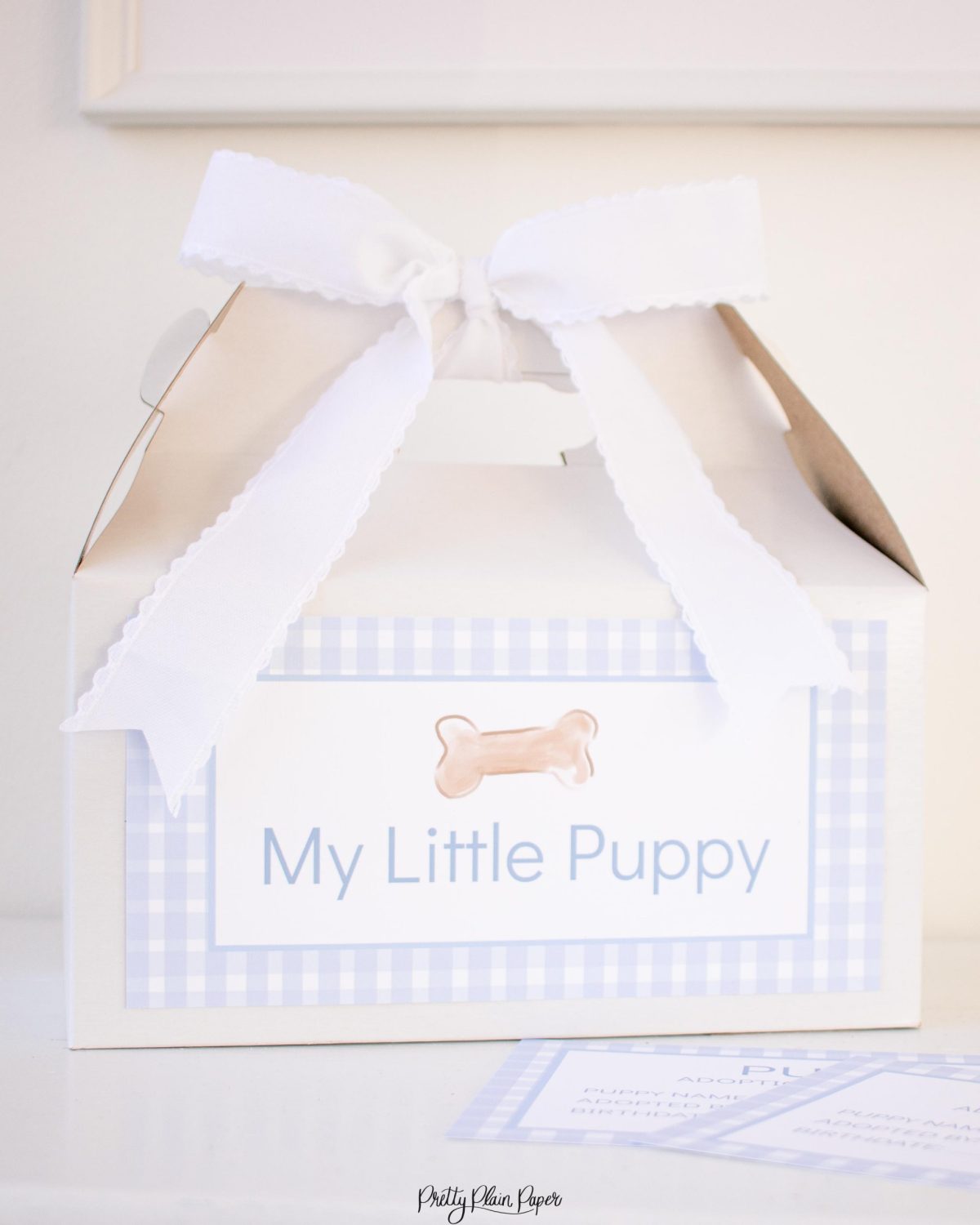 Adopt a Puppy Printable Adoption Boxes Labels for a Blue Puppy Party Favor or Party Activity by Pretty Plain Paper; A Watercolor Snips and Snails and Puppy Dog Tails Party Set