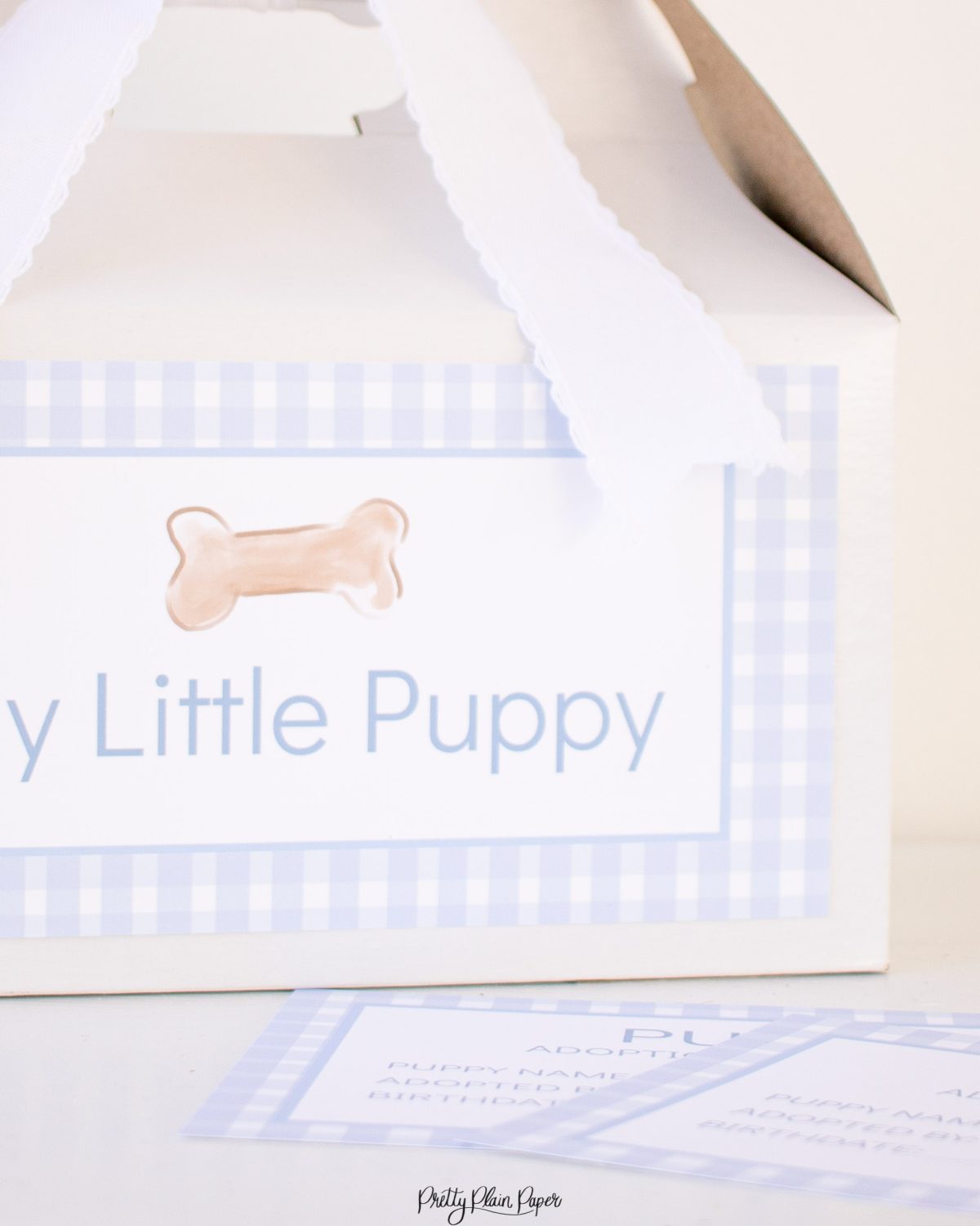 Adopt a Puppy Printable Adoption Boxes Labels for a Blue Puppy Party Favor or Party Activity by Pretty Plain Paper; A Watercolor Snips and Snails and Puppy Dog Tails Party Set