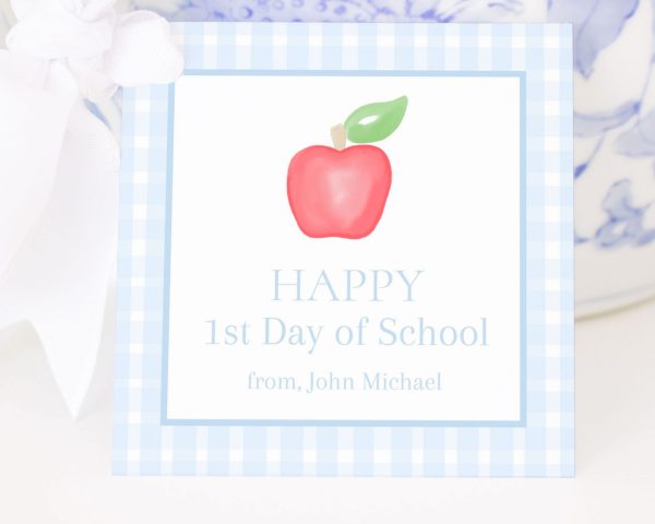 Blue Gingham Back to School Watercolor Apple Gift Tag Printable by Pretty Plain Paper for a Happy First Day of School Gift