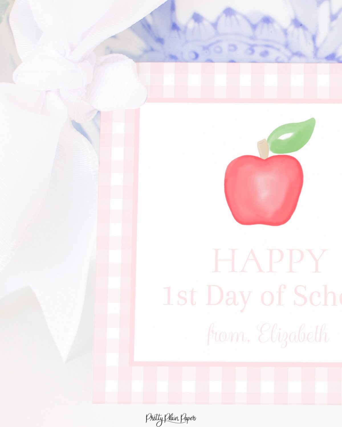 Pink Gingham Back to School Watercolor Apple Gift Tag Printable by Pretty Plain Paper for a Happy First Day of School Gift