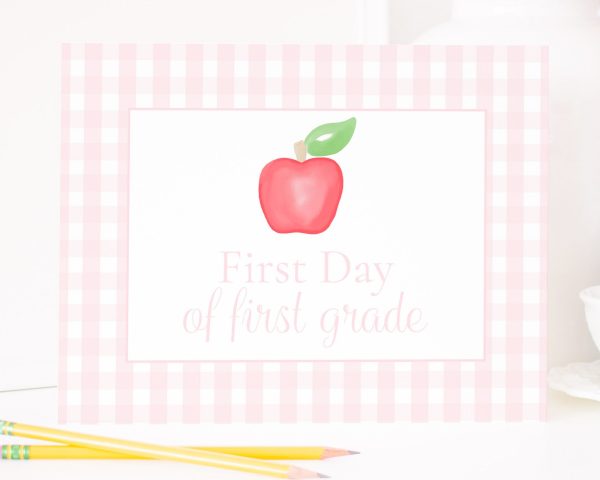 Pink Gingham First Day of School Sign Printable by Pretty Plain Paper with a Watercolor Apple, Simple & Classic
