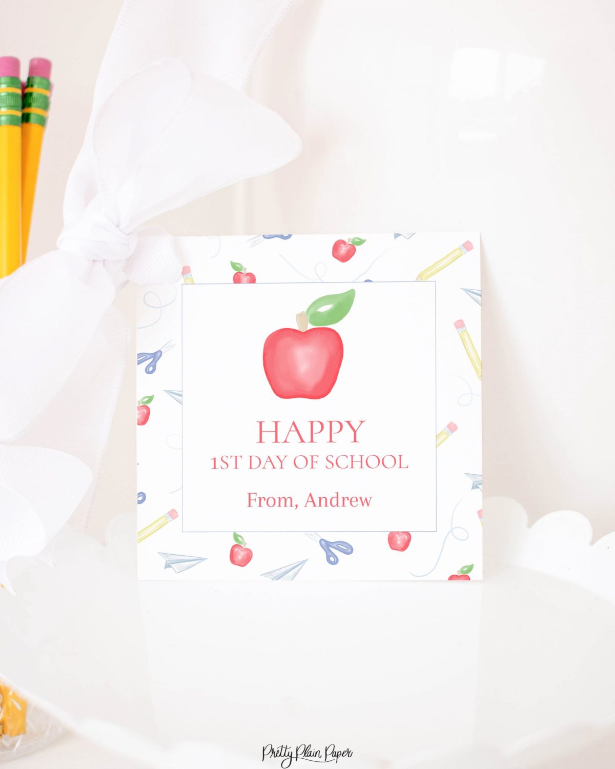 Watercolor Back to School Tag with Apple and Floral Print by Pretty Plain Paper