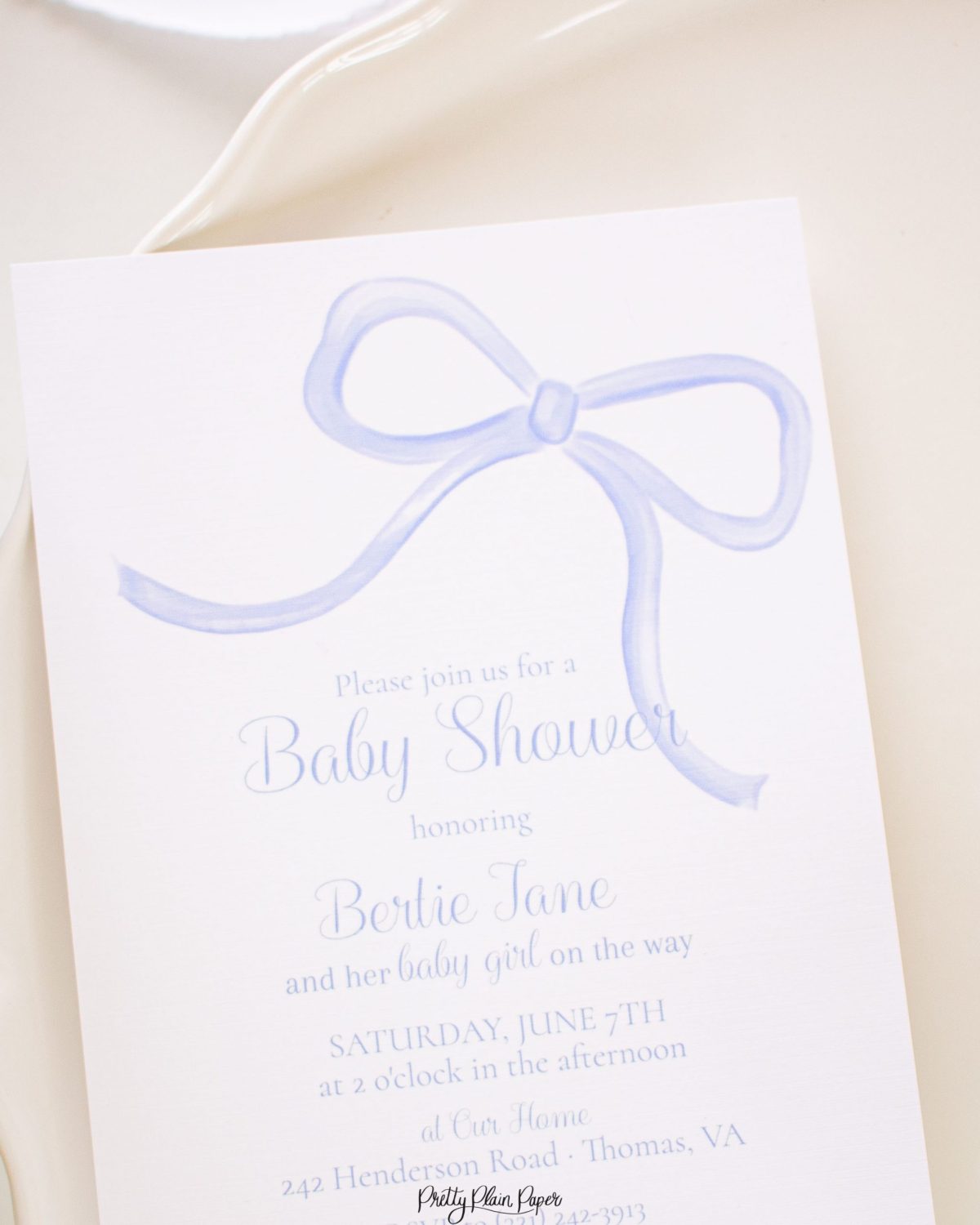 Watercolor Simple Blue Bow Baby Shower Invitation by Pretty Plain Paper for a Simple Bow Baby Shower