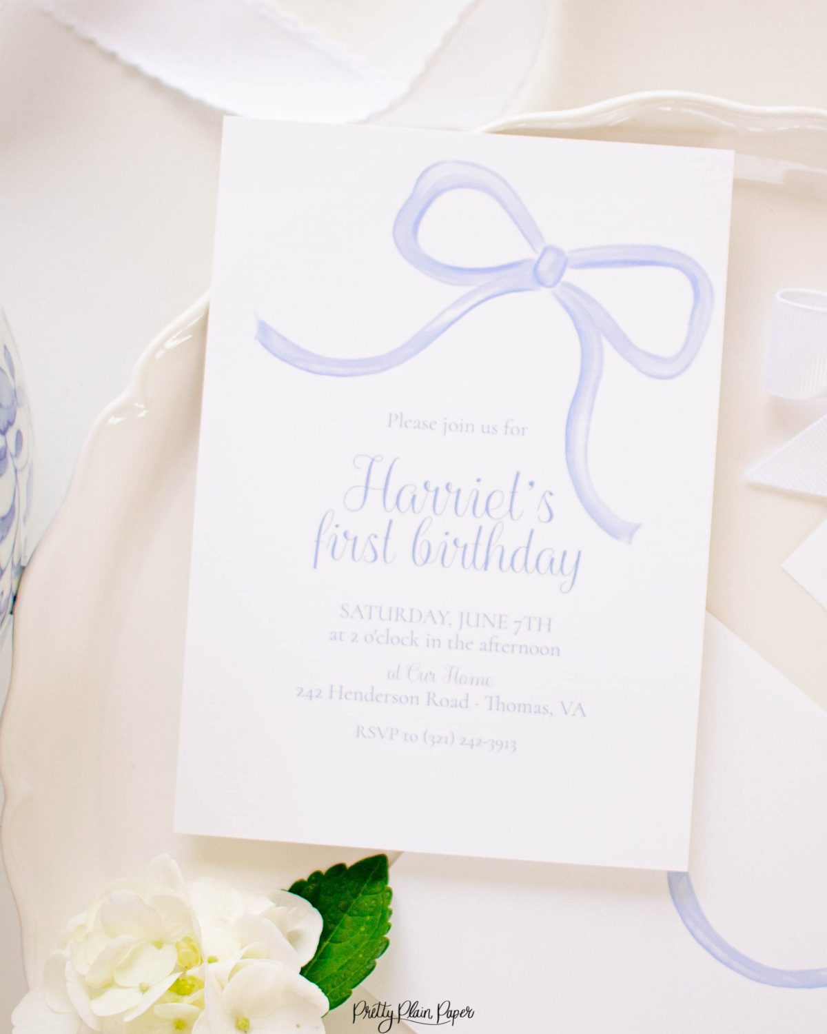 Watercolor Simple Blue Bow Birthday Invitation by Pretty Plain Paper for a Simple Bow Birthday Party