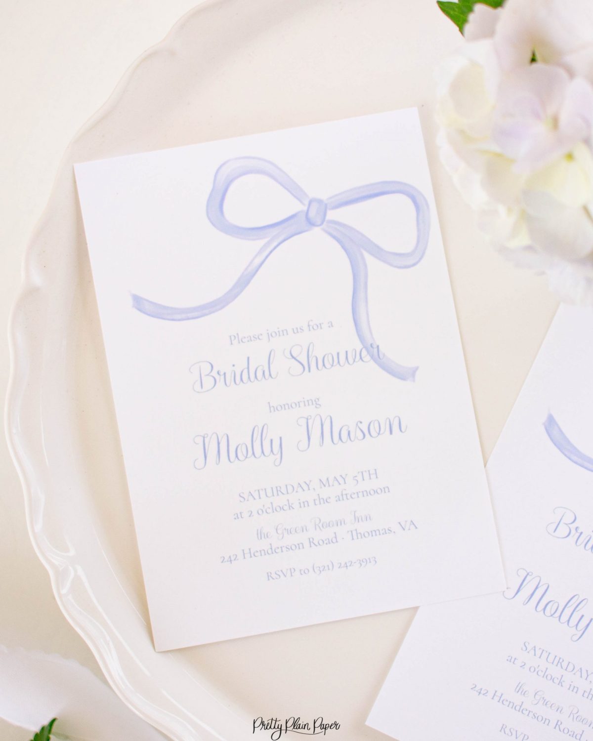 Watercolor Simple Blue Bow Bridal Shower Invitation by Pretty Plain Paper for a Simple Bow Bridal Shower Party
