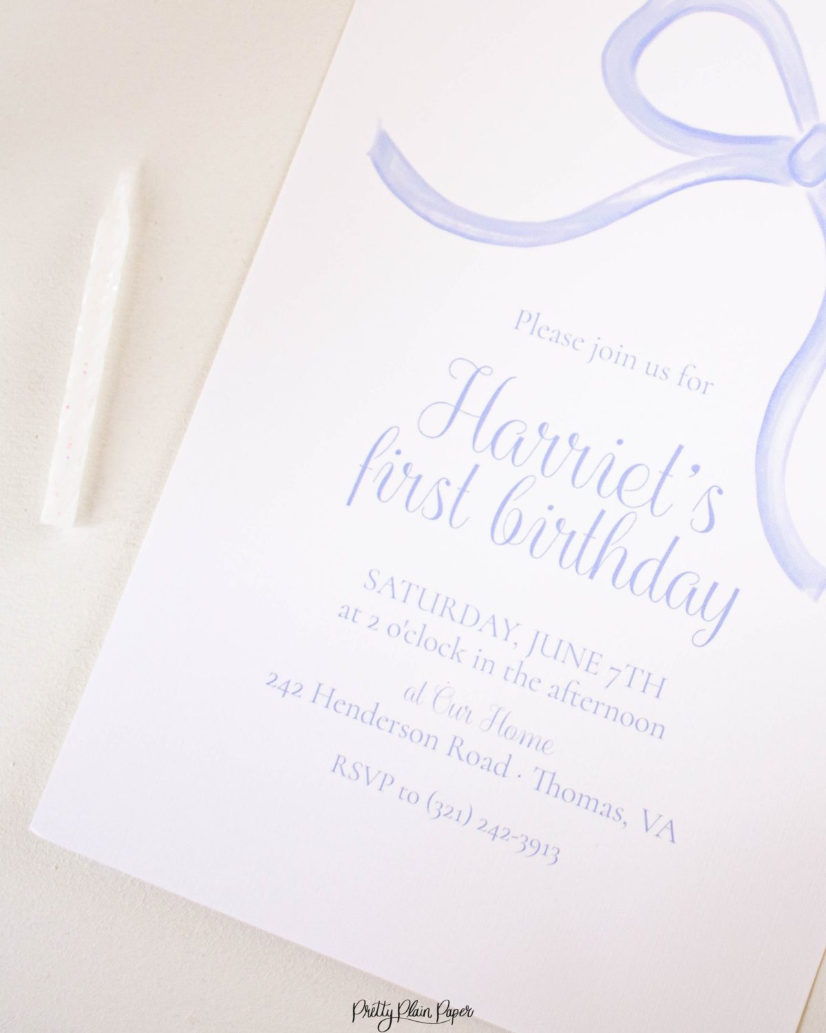 Watercolor Simple Blue Bow Birthday Invitation by Pretty Plain Paper for a Simple Bow Birthday Party