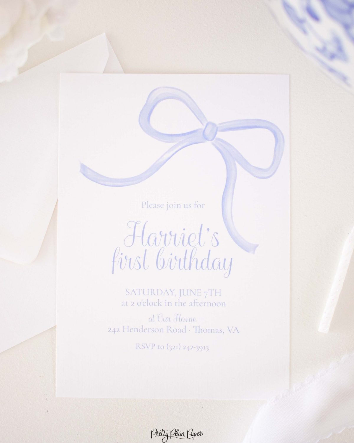 Watercolor Simple Blue Bow Birthday Invitation by Pretty Plain Paper for a Simple Bow Birthday Party