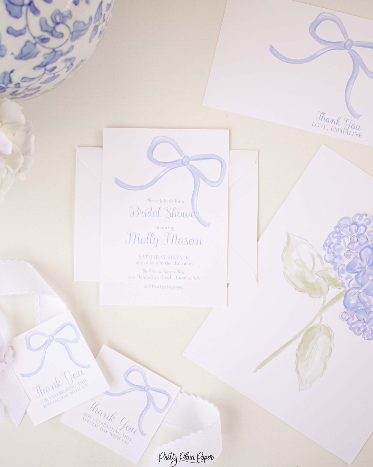 Watercolor Simple Blue Bow Bridal Shower Invitation by Pretty Plain Paper for a Simple Bow Bridal Shower Party