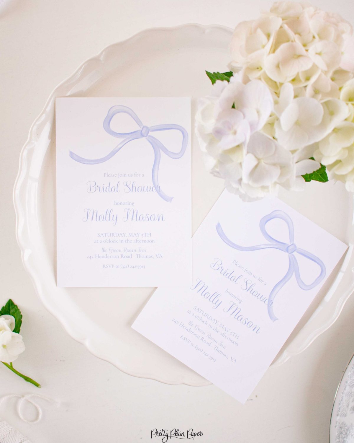 Watercolor Simple Blue Bow Bridal Shower Invitation by Pretty Plain Paper for a Simple Bow Bridal Shower Party