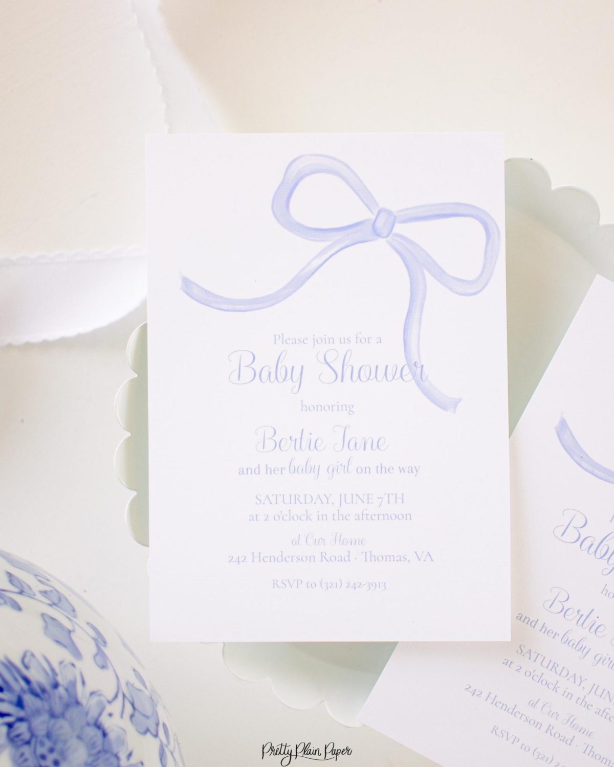 Watercolor Simple Blue Bow Baby Shower Invitation by Pretty Plain Paper for a Simple Bow Baby Shower