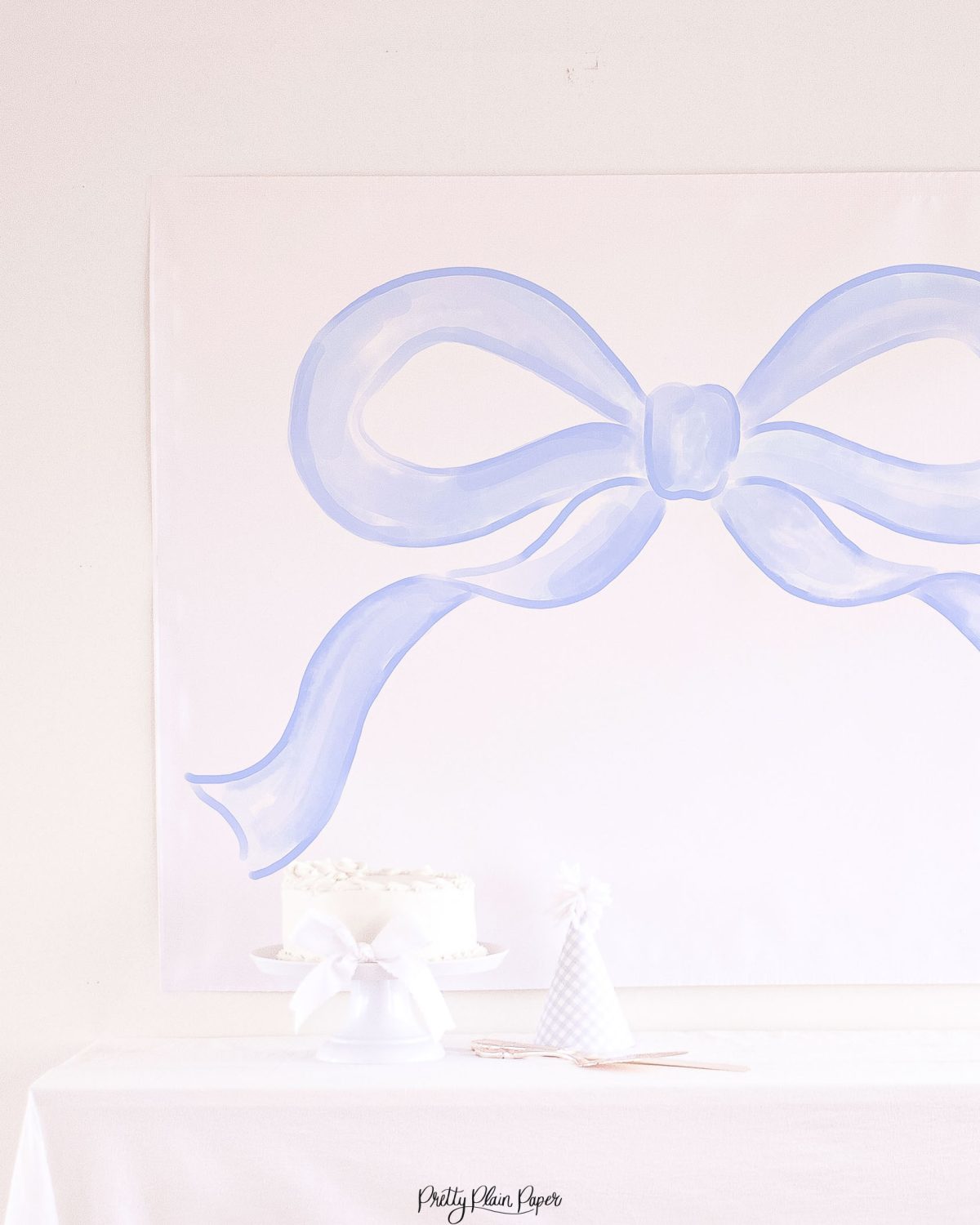Watercolor Blue Bow Backdrop for a Blue Bow Birthday Party, Baby Shower, or Bridal Shower by Pretty Plain Paper