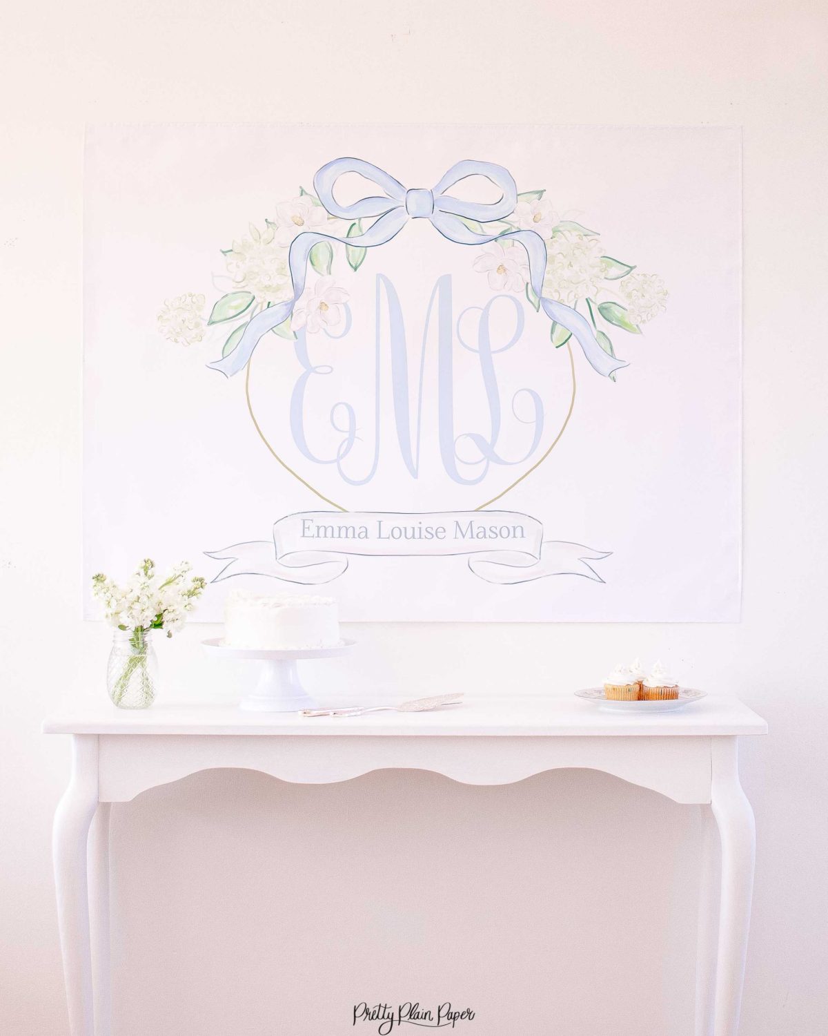 Monogram Blue Floral Crest Backdrop by Pretty Plain Paper for a Traditional Monogram Floral Crest Birthday Party or Baby Shower