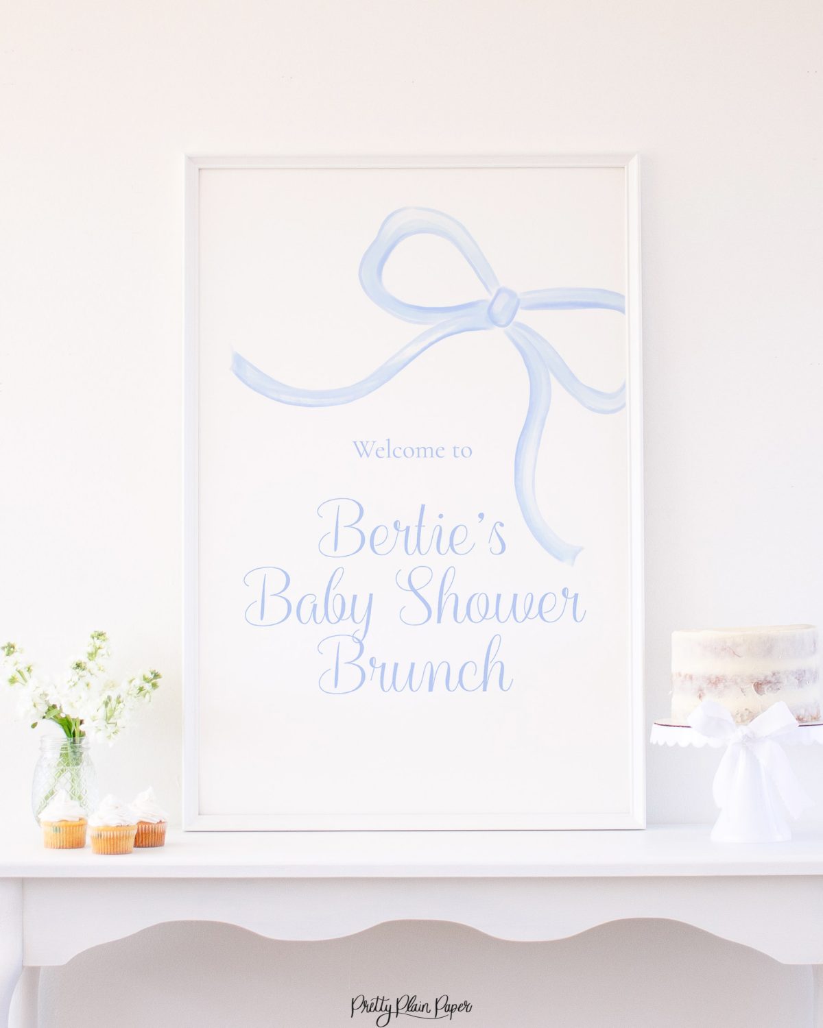 Watercolor Blue Bow Party Welcome Sign by Pretty Plain Paper for a Blue Bow Birthday, Blue Bow Baby Shower, or Blue Bow Bridal Shower