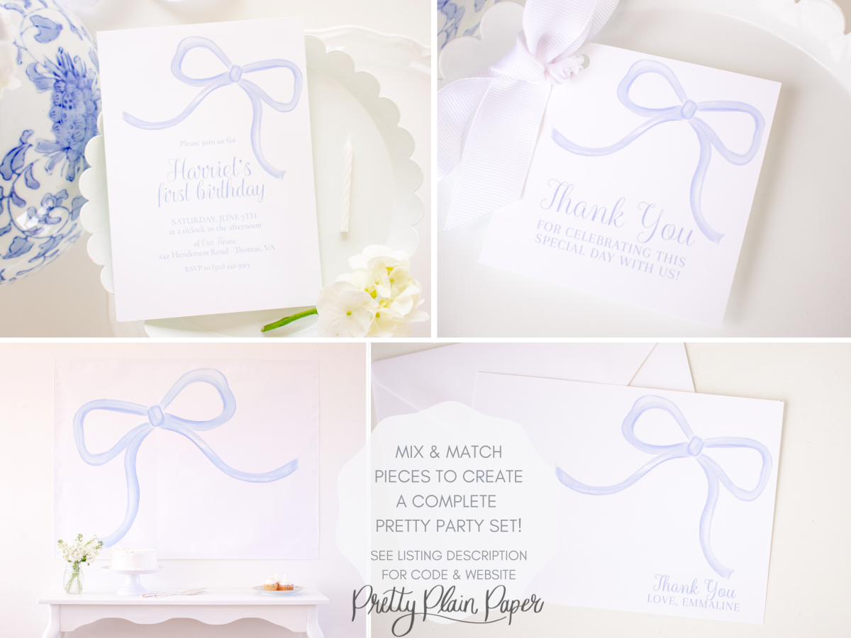 Watercolor Blue Bow Party Set by Pretty Plain Paper for Pretty Blue Bow Birthday or Shower
