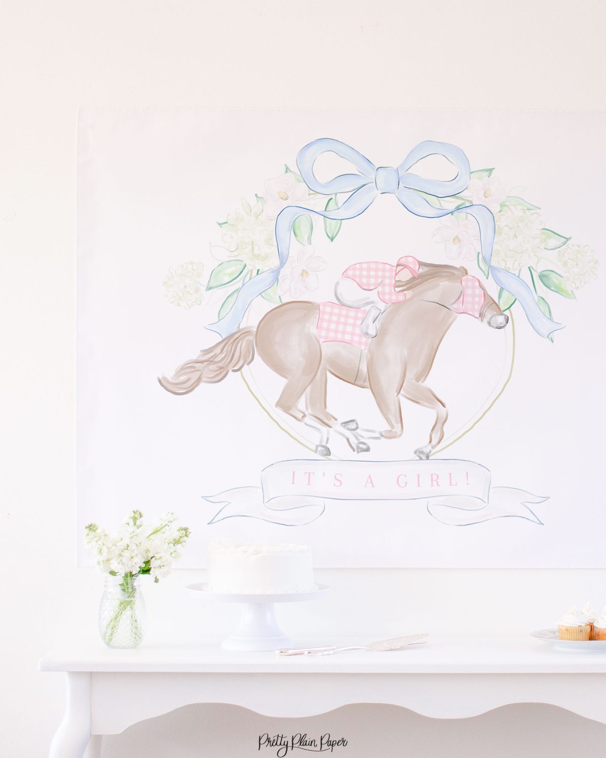 Pink Gingham Horse Racing Crest Backdrop for a Horse Racing Theme Baby Shower, Birthday, or Bridal Shower by Pretty Plain Paper