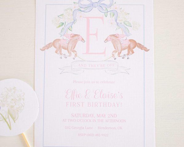 Watercolor Horse Racing Crest Birthday Invitation for a Kentucky Derby or Horse Racing Birthday by Pretty Plain Paper