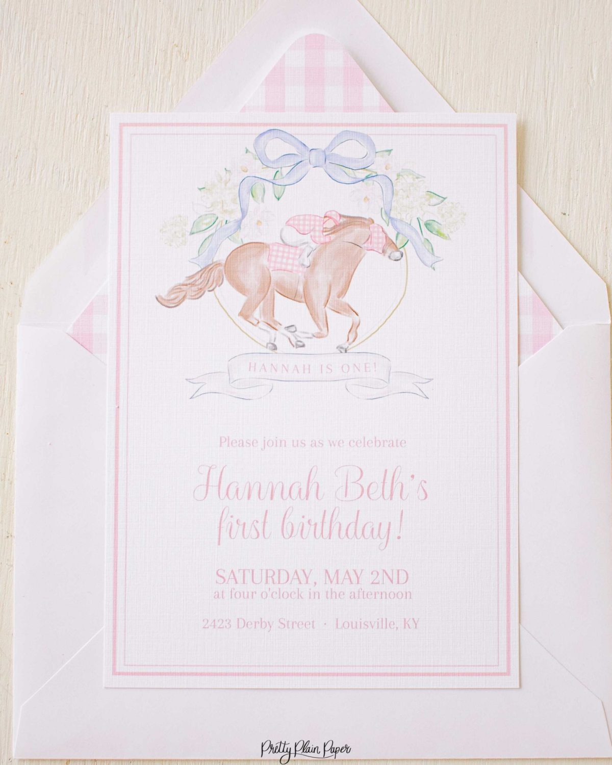 Watercolor Horse Racing Crest Birthday Invitation for a Kentucky Derby or Horse Racing Birthday by Pretty Plain Paper