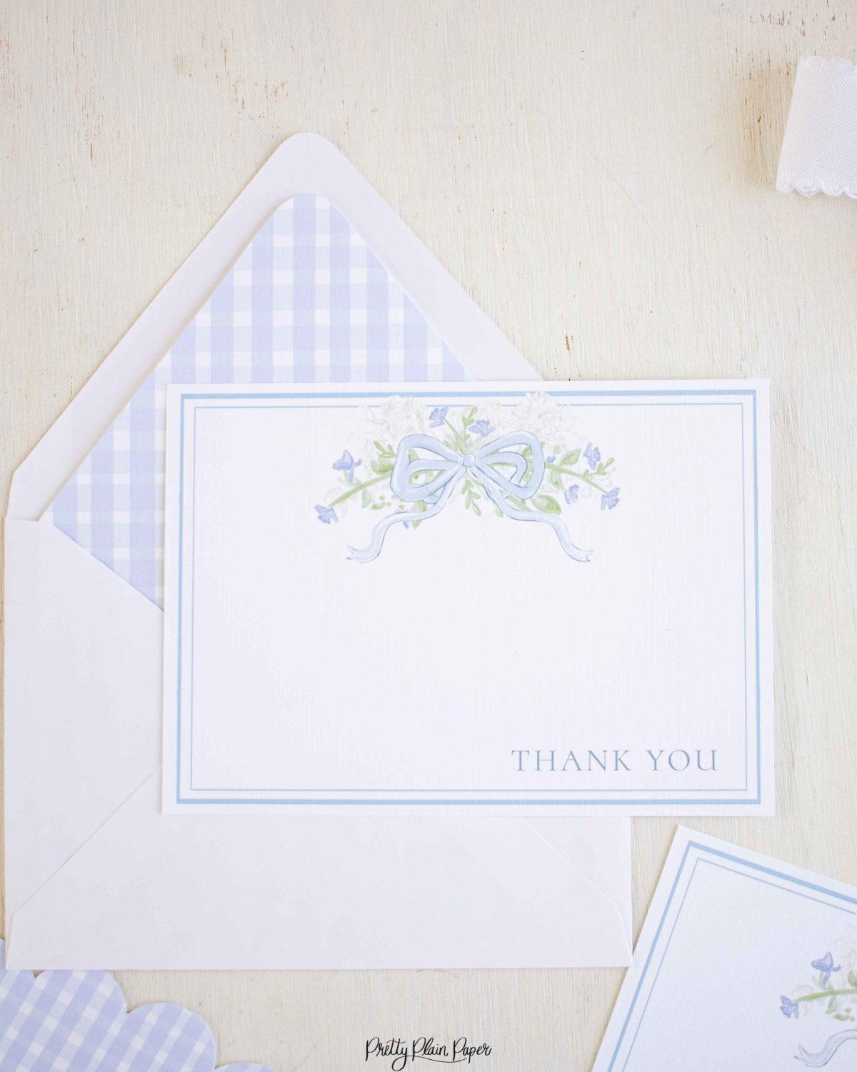 Hydrangea & Florals with Blue Bow Thank You Card Stationery by Pretty Plain Paper