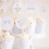 Monogram Crest, Blue Floral and Blue Bow Cupcake Wrapper Printable by Pretty Plain Paper