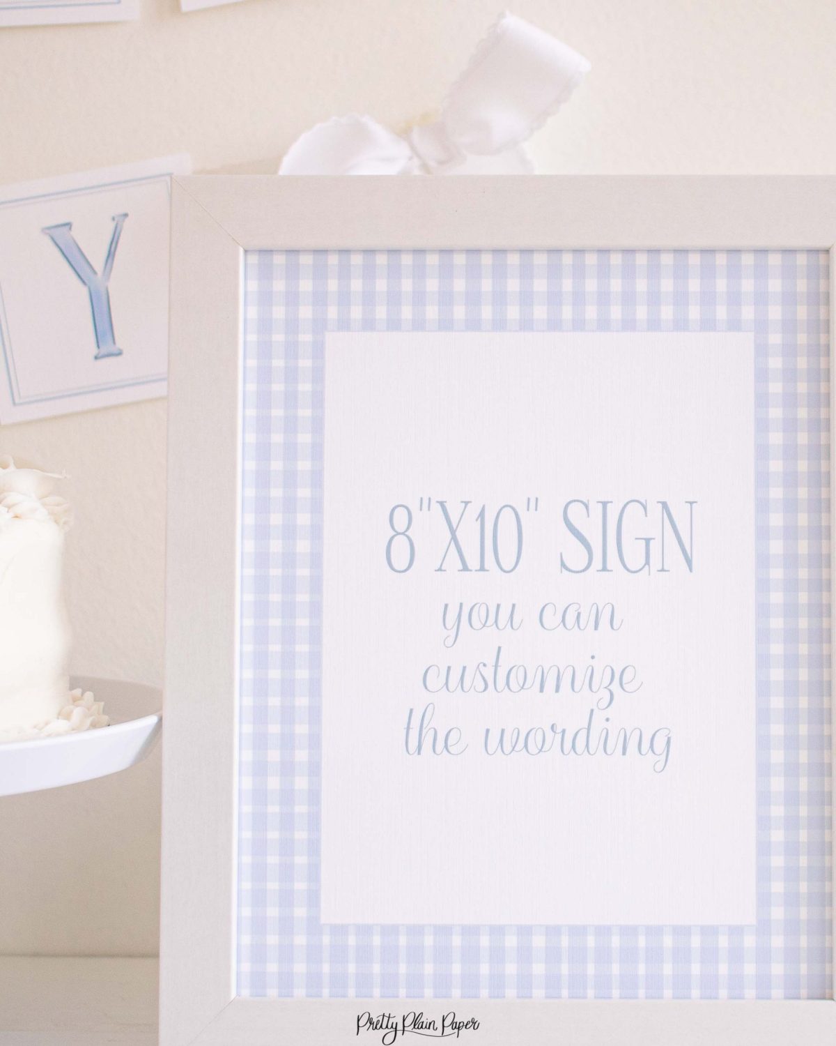 Blue Gingham 8x10 Sign by Pretty Plain Paper for a Blue Gingham Birthday Party, Baby Shower, or Bridal Shower