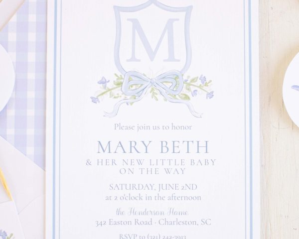 Watercolor Crest with Monogram Baby Shower Invitation by Pretty Plain Paper for a Watercolor Crest Theme Baby Shower or a Monogram Theme Baby Shower