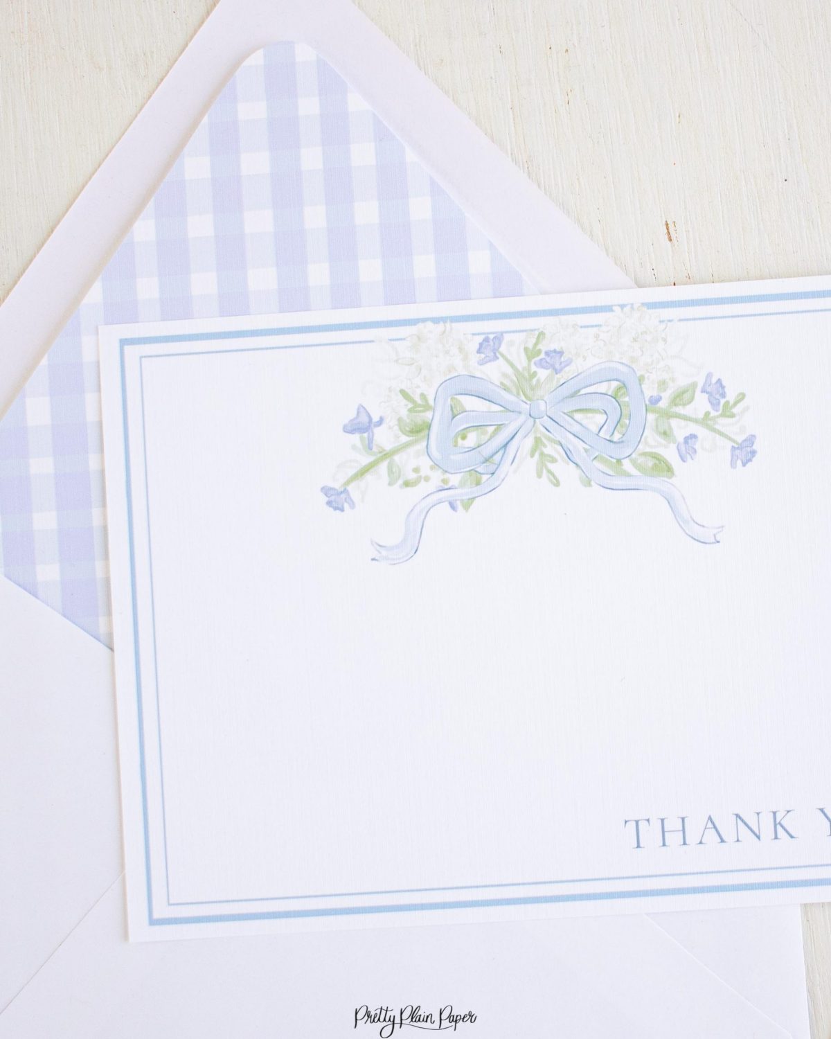 Hydrangea & Florals with Blue Bow Thank You Card Stationery by Pretty Plain Paper