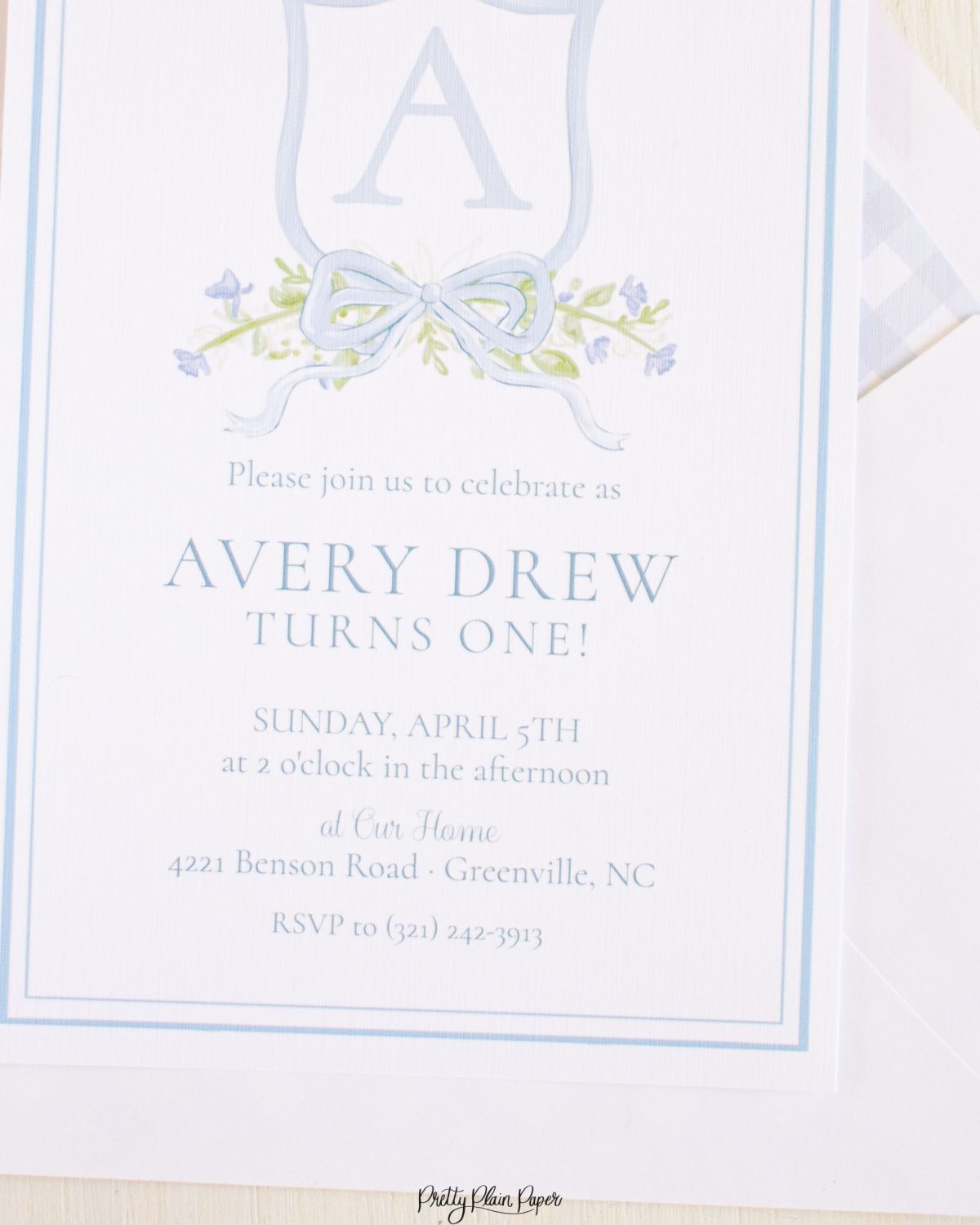 Watercolor Crest with Monogram Birthday Invitation by Pretty Plain Paper for a Watercolor Crest Theme Birthday or a Monogram Theme Birthday Party