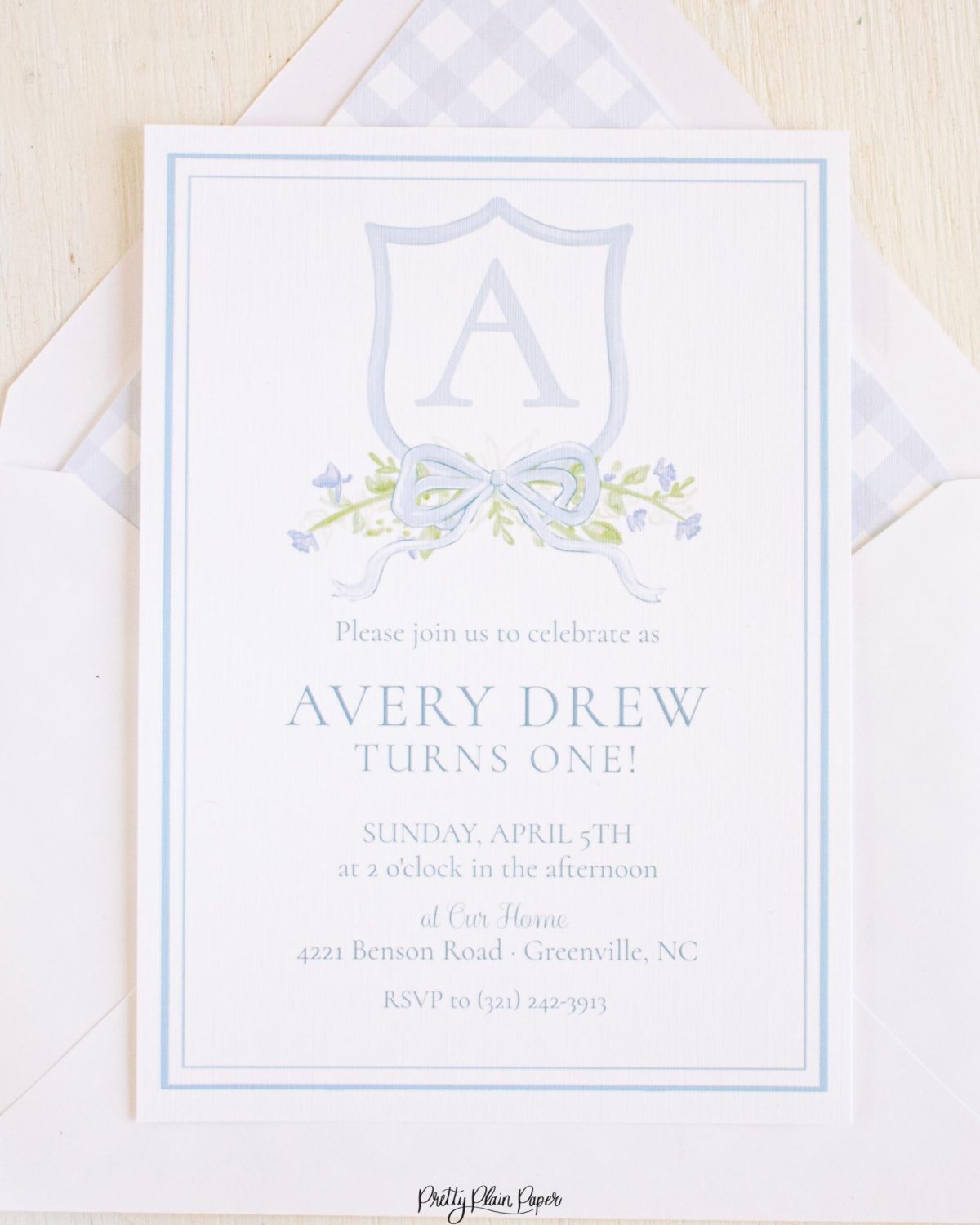 Watercolor Crest with Monogram Birthday Invitation by Pretty Plain Paper for a Watercolor Crest Theme Birthday or a Monogram Theme Birthday Party