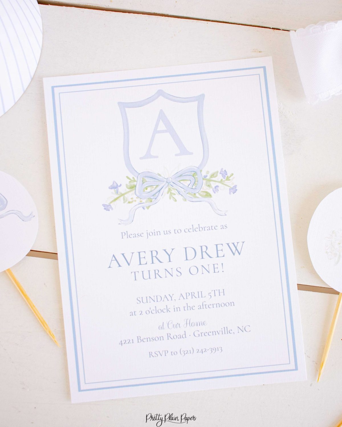 Watercolor Crest with Monogram Birthday Invitation by Pretty Plain Paper for a Watercolor Crest Theme Birthday or a Monogram Theme Birthday Party