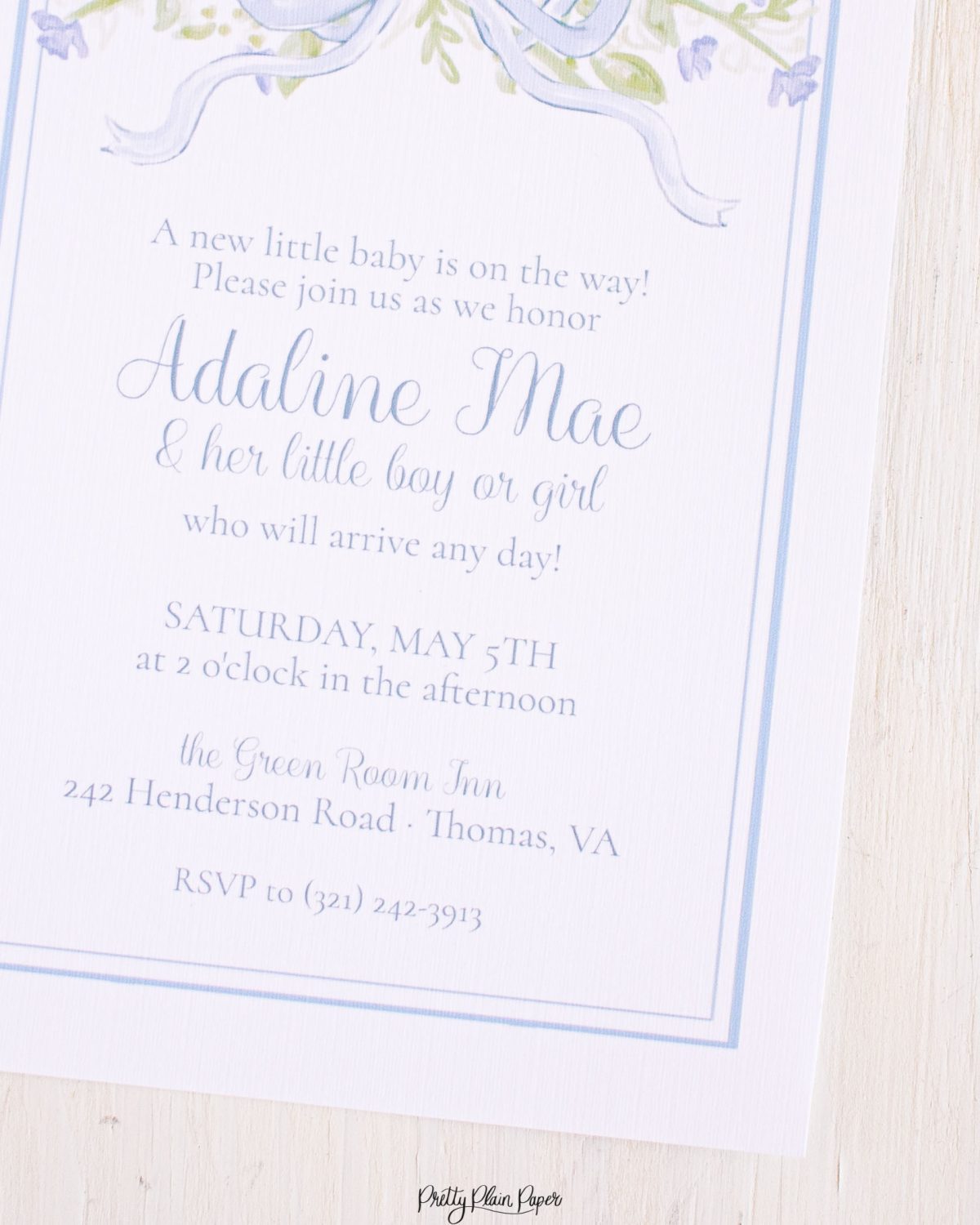 Hydrangea & Florals with Blue Bow Baby Shower Invitation by Pretty Plain Paper for a Blue Florals and Bows Baby Shower