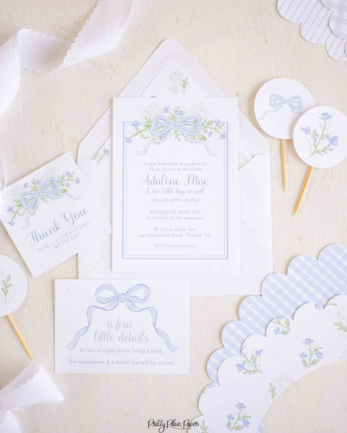 Hydrangea & Florals with Blue Bow Baby Shower Invitation by Pretty Plain Paper for a Blue Florals and Bows Baby Shower