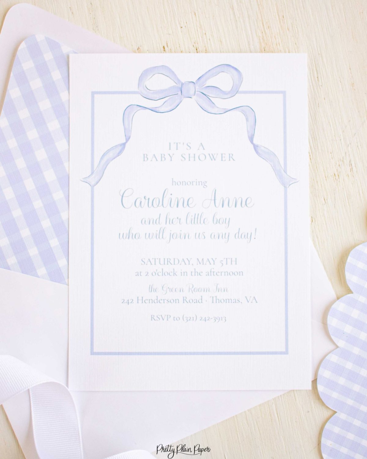 Watercolor Blue Bow Baby Shower Invitation by Pretty Plain Paper for a Blue Bow Theme Baby Shower