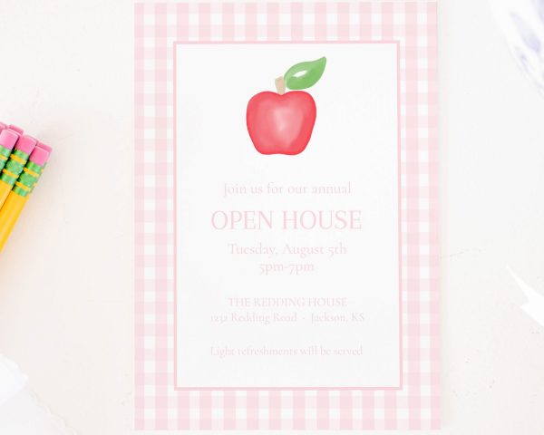 Watercolor Pink Gingham and Red Apple Back to School Party Invitation or Open House Invitation by Pretty Plain Paper