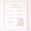 Watercolor Blue Puppy First Birthday Milestone Board Sign by Pretty Plain Paper for a Puppy First Birthday Party