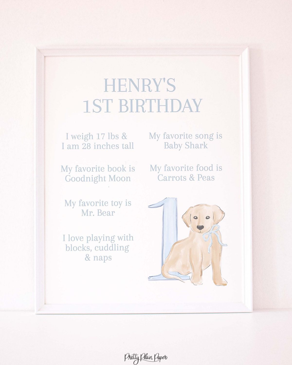 Watercolor Blue Puppy First Birthday Milestone Board Sign by Pretty Plain Paper for a Puppy First Birthday Party