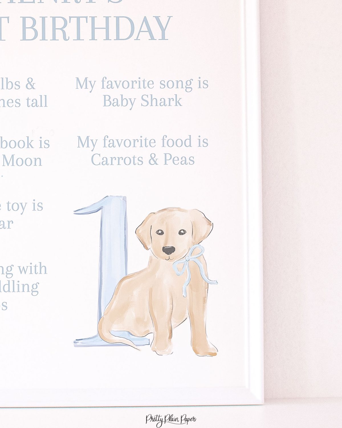Watercolor Blue Puppy First Birthday Milestone Board Sign by Pretty Plain Paper for a Puppy First Birthday Party